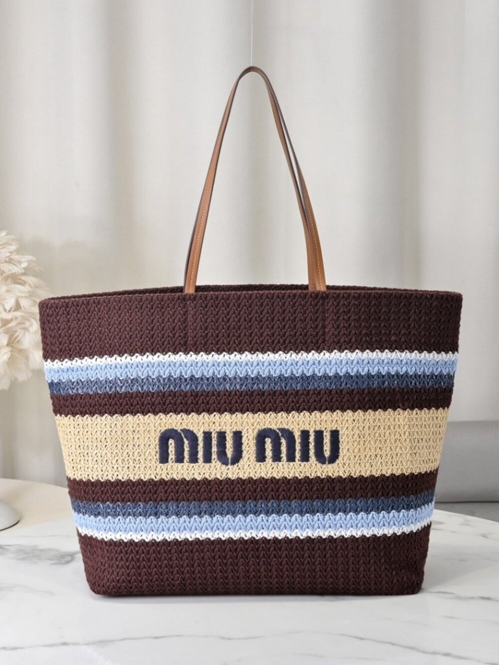 Miu Miu Striped Woven Large Tote Bag
